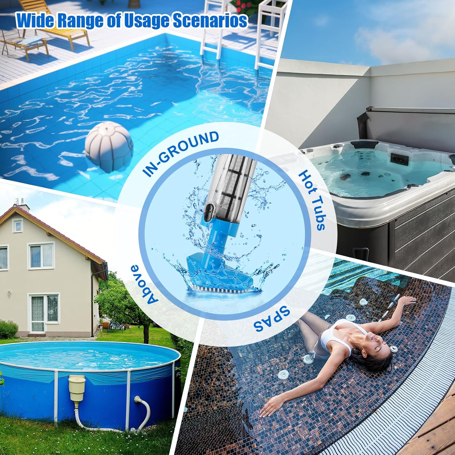 Blue and White Cordless Underwater Pool Vacuum with 3 Cleaning Heads & 164cm Extended Reach - Rechargeable Handheld Spa & Pond Cleaner  - Image 7