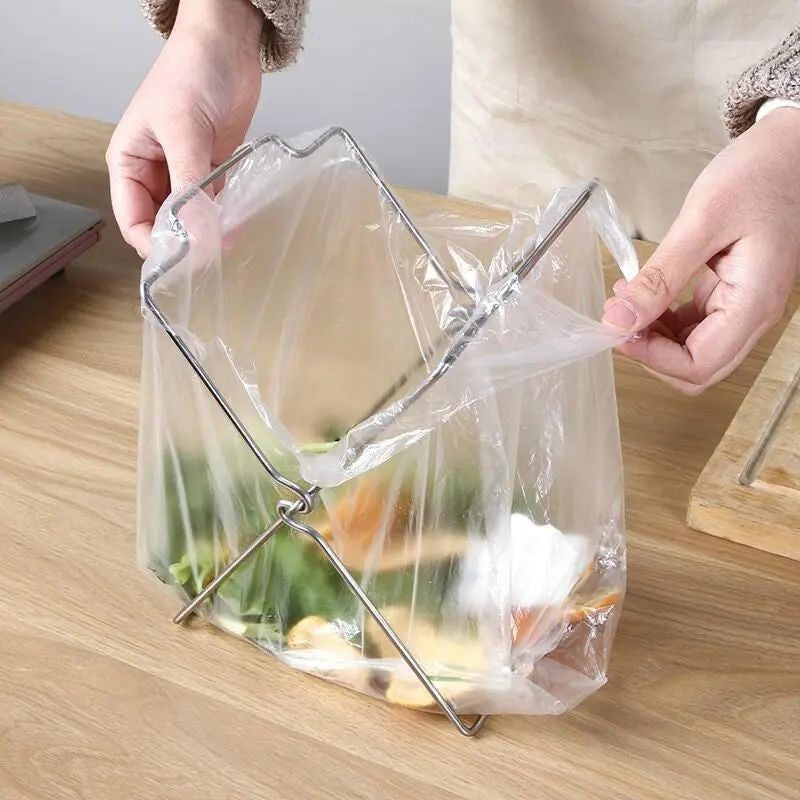 2-Pack Foldable Stainless Steel Trash Bag Holder (17 x 21 CM) - Multi-Functional Kitchen Countertop Organizer for Plastic Bag & Dishcloth - Image 2