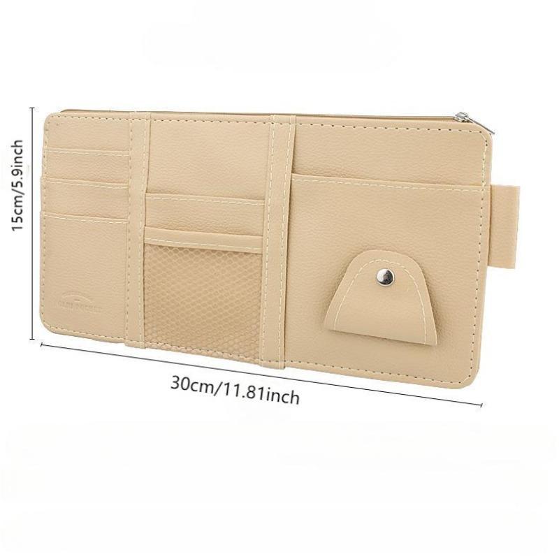 Black Premium Leather Car Sun Visor Organizer - Secure Zippered Storage Pouch with Card, Document & Eyewear Clip - Image 3