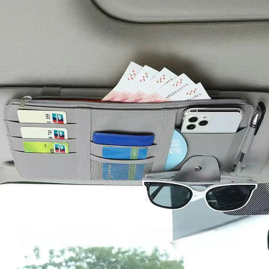 Grey Premium Leather Car Sun Visor Organizer - Secure Zippered Storage Pouch with Card, Document & Eyewear Clip