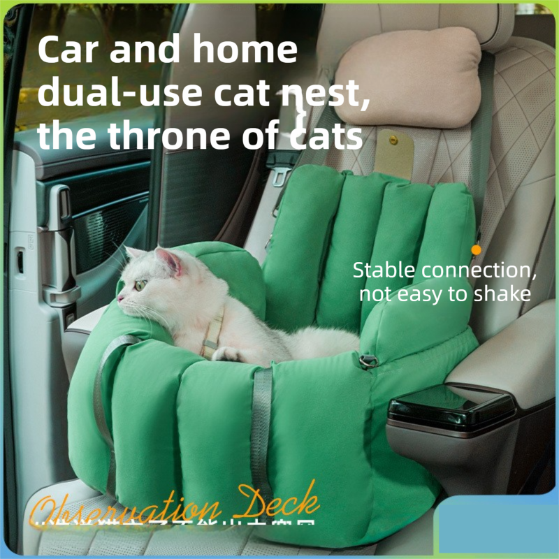 Green 2-in-1 Fluffy Travel Cat Bed & Car Safety Seat - Enclosed Windproof Pet Carrier with Reversible Summer/Winter Cushion, Reinforced Handle and Escape-Proof Leash - Image 2