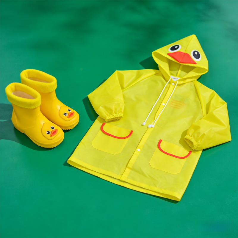 Kids Cartoon Rain Gear Set - Eco-Friendly Odorless Yellow Duck Raincoat & Matching 18cm Duck Rain Boots with Detachable Warm Cotton Liner
