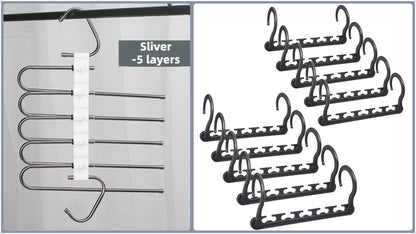 5-Tier Sliver Stainless Steel Pants Rack and 10-Pack Magic Cascading Hangers Set - Space-Saving Closet Organizer Kit