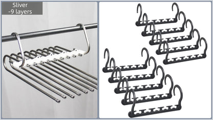 Ultimate Closet Space-Saver Set: 9-Tier Sliver Stainless Steel Retractable Pants Rack & 10-Pack Multi-Port Magic Hangers