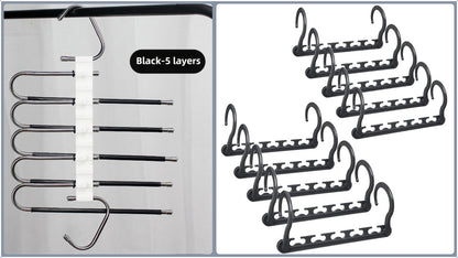5-Tier Black Stainless Steel Pants Rack and 10-Pack Magic Cascading Hangers Set - Space-Saving Closet Organizer Kit