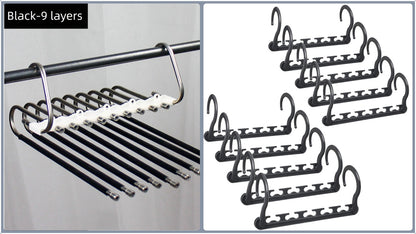 Ultimate Closet Space-Saver Set: 9-Tier Black Stainless Steel Retractable Pants Rack & 10-Pack Multi-Port Magic Hangers