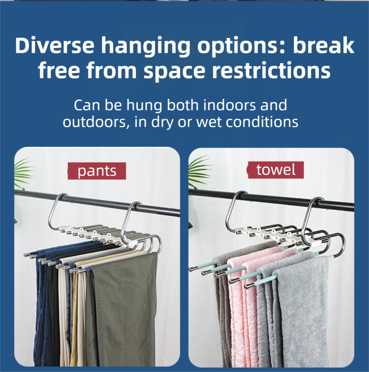 Ultimate Closet Space-Saver Set: 9-Tier Black Stainless Steel Retractable Pants Rack & 10-Pack Multi-Port Magic Hangers - Image 7