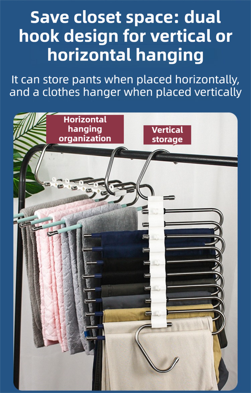 5-Layers Sliver Stainless Steel Pants Rack with Horizontal / Vertical Modes and Expandable Pull-Out Rods - High-Load Folding Magic Hanger - Image 5