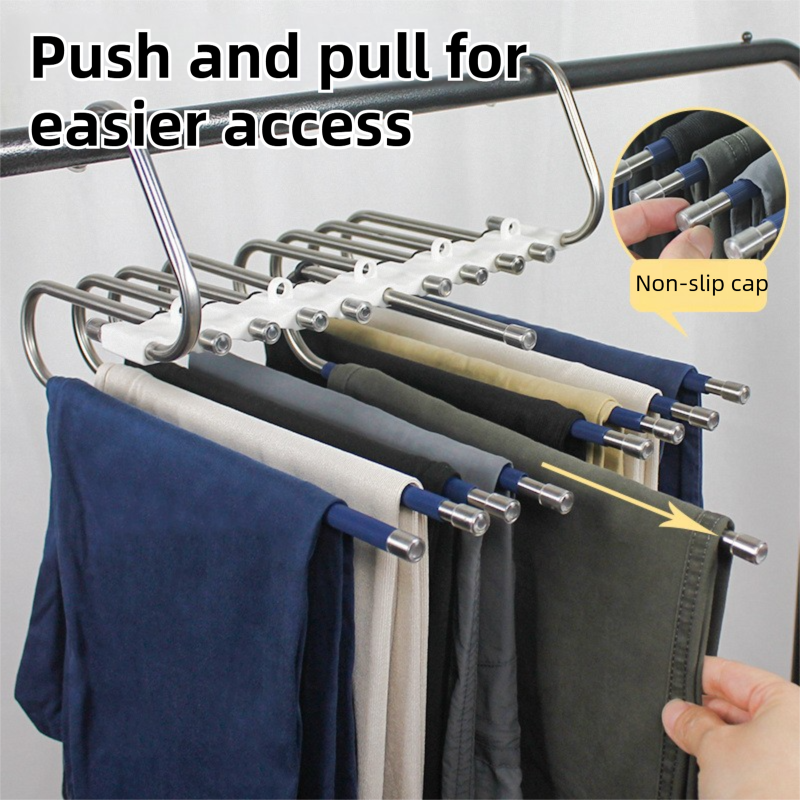 5-Layers Black Stainless Steel Pants Rack with Horizontal / Vertical Modes and Expandable Pull-Out Rods - High-Load Folding Magic Hanger - Image 2