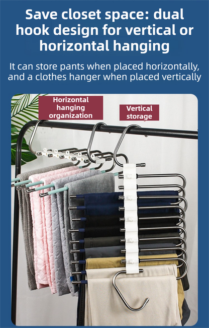 9-Layers Sliver Stainless Steel Pants Rack with Horizontal / Vertical Modes and Expandable Pull-Out Rods - High-Load Folding Magic Hanger - Image 5