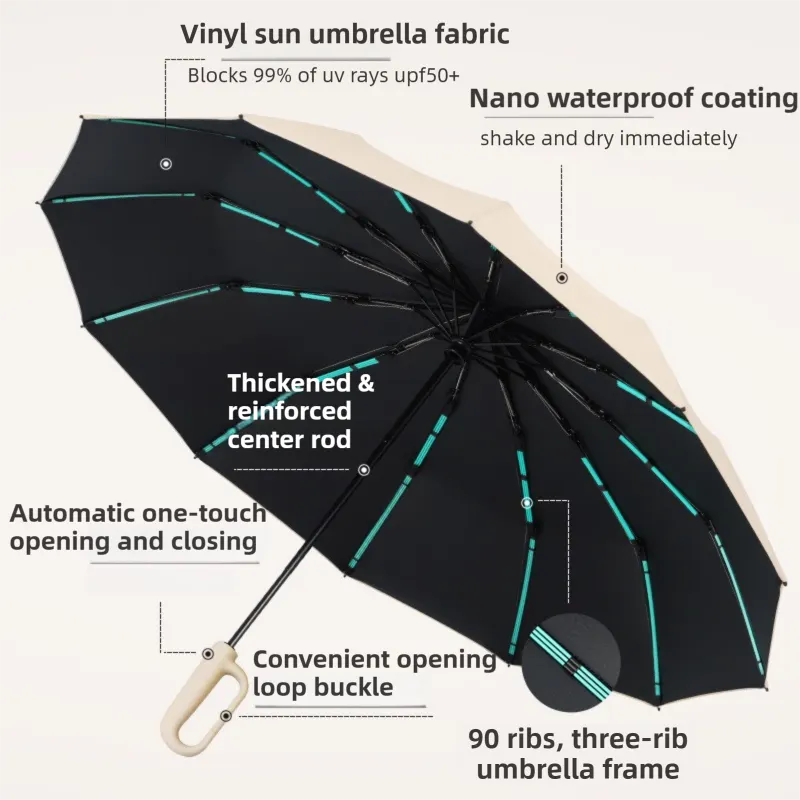 Beige Heavy Duty Fully Automatic Carabiner Umbrella with Integrated Hook Handle (Diameter 106CM) - Ultra Windproof and UV Protective Sun & Rain Umbrella - Image 3