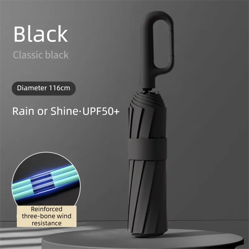 Black Heavy Duty Fully Automatic Carabiner Umbrella with Integrated Hook Handle (Diameter 116CM) - Ultra Windproof and UV Protective Sun & Rain Umbrella