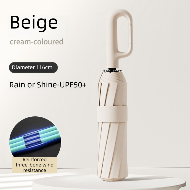 Beige Heavy Duty Fully Automatic Carabiner Umbrella with Integrated Hook Handle (Diameter 116CM) - Ultra Windproof and UV Protective Sun & Rain Umbrella