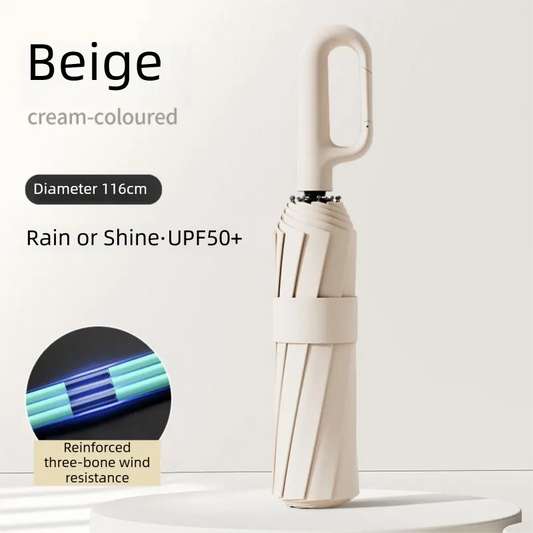 Beige Heavy Duty Fully Automatic Carabiner Umbrella with Integrated Hook Handle (Diameter 116CM) - Ultra Windproof and UV Protective Sun & Rain Umbrella