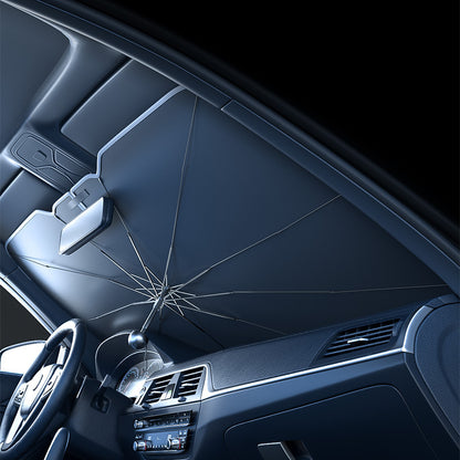 125x69CM Foldable Car Windshield Sun Shade Umbrella with Retractable Handle & Storage Case - Titanium Silver Heat Insulator, V-Neck Mirror Compatibility, Butterfly Edge Extension - Image 2