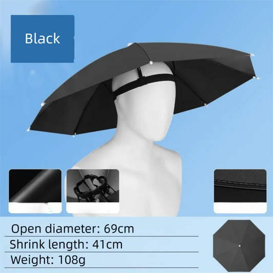 Black Foldable Sun & Rain Umbrella Hat (Diameter 69CM) - 99% UV Potective and Wind/Rainproof Fishing Umbrella with Elastic Headband