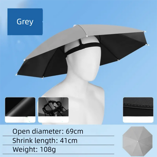 Grey Foldable Sun & Rain Umbrella Hat (Diameter 69CM) - 99% UV Potective and Wind/Rainproof Fishing Umbrella with Elastic Headband