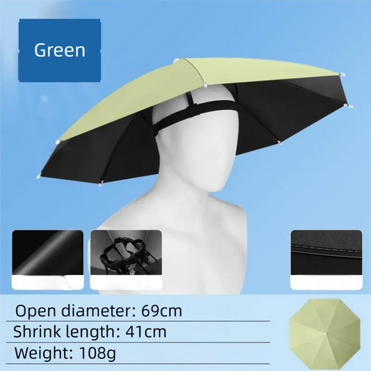Green Foldable Sun & Rain Umbrella Hat (Diameter 69CM) - 99% UV Potective and Wind/Rainproof Fishing Umbrella with Elastic Headband