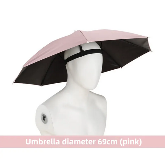 Pink Foldable Sun & Rain Umbrella Hat (Diameter 69CM) - 99% UV Potective and Wind/Rainproof Fishing Umbrella with Elastic Headband