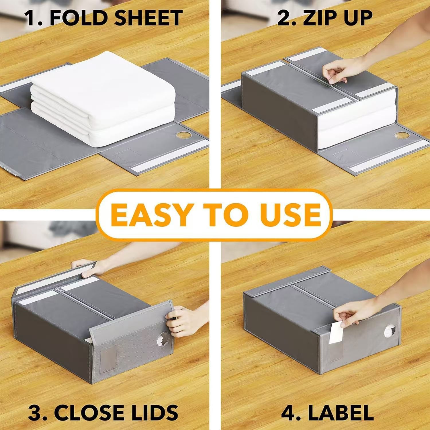 2-Pack Beige Foldable Bed Sheet Set Organizer with Clear Window, Zipper & Flip Lid - Home Wardrobe Bin for Blankets and Clothes (38x32.5x12.5CM) - Image 4