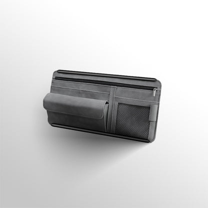 Grey Faux Suede Car Sun Visor Organizer with Spring Strap - Multi-Functional Eyewear Case & Card Holder