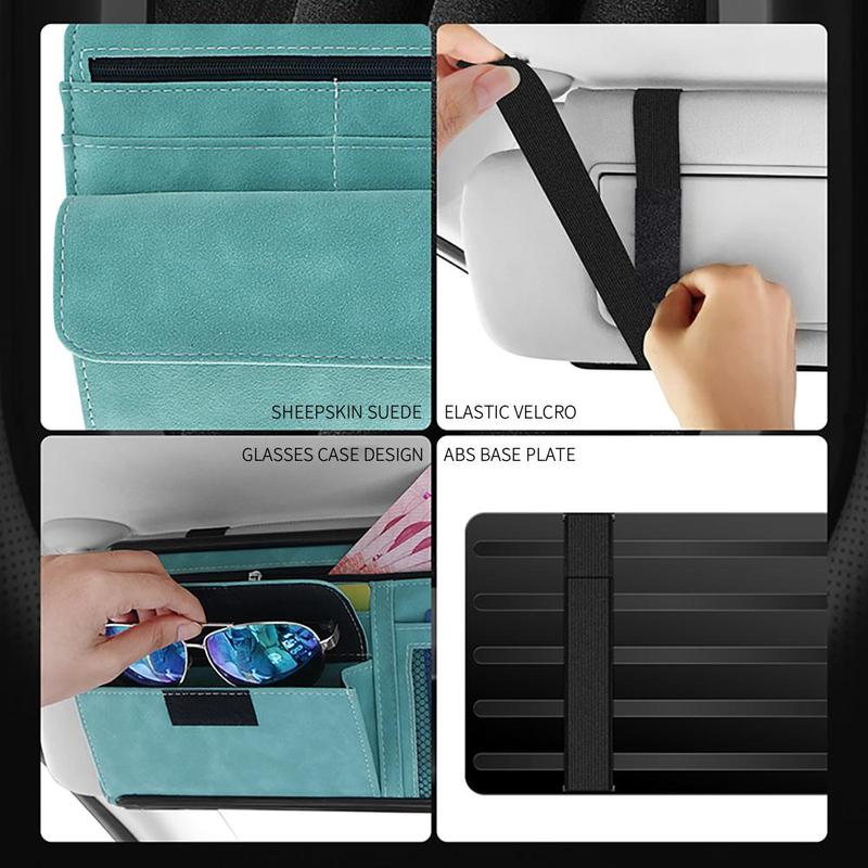 Grey Faux Suede Car Sun Visor Organizer with Spring Strap - Multi-Functional Eyewear Case & Card Holder - Image 5