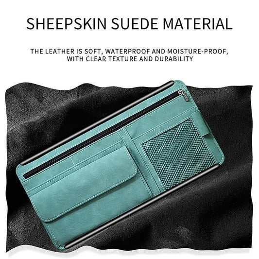 Blue Faux Suede Car Sun Visor Organizer with Spring Strap - Multi-Functional Eyewear Case & Card Holder - Image 2