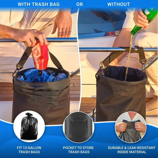 10-Gallon Black Foldable Boat Waste Organizer with 1 Roll of Trash Bag - Anti-Ant & Odor-Control, Secure Hold at High Speed - Image 2