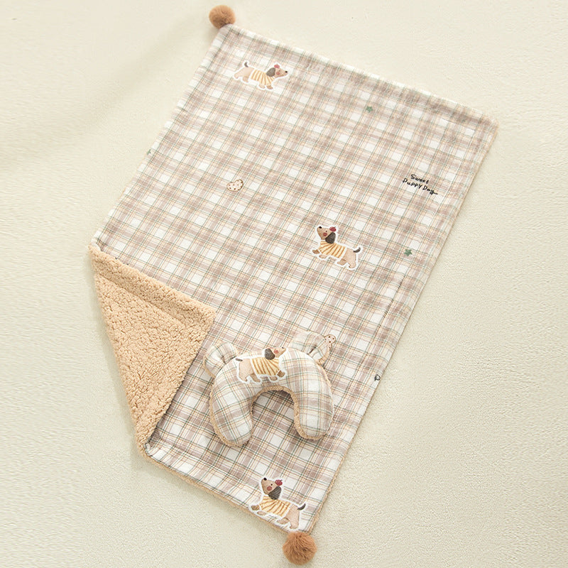 Plaid Puppy Premium Soft Fleece Dog Bed Quilt & Pillow Set (S Size 50 x 35 CM) - All-Season Reversible Warm Cat Nap Pad