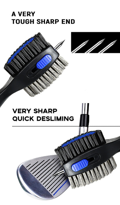 Black Premium Golf Club Cleaning Brush Extra Large Head Dual Bristles Retractable Zip Line & Groove Cleaner Spike Anti-Slip Ergonomic Grip 29cm - Image 2