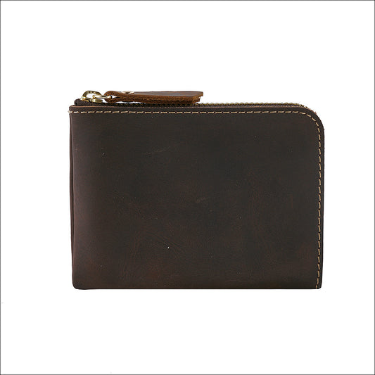 Coffee Handmade Crazy Horse Leather Wallet Minimalist L-Zip Card Holder Top Layer Cowhide Short Purse with Coin Pocket 12cm Vintage Style