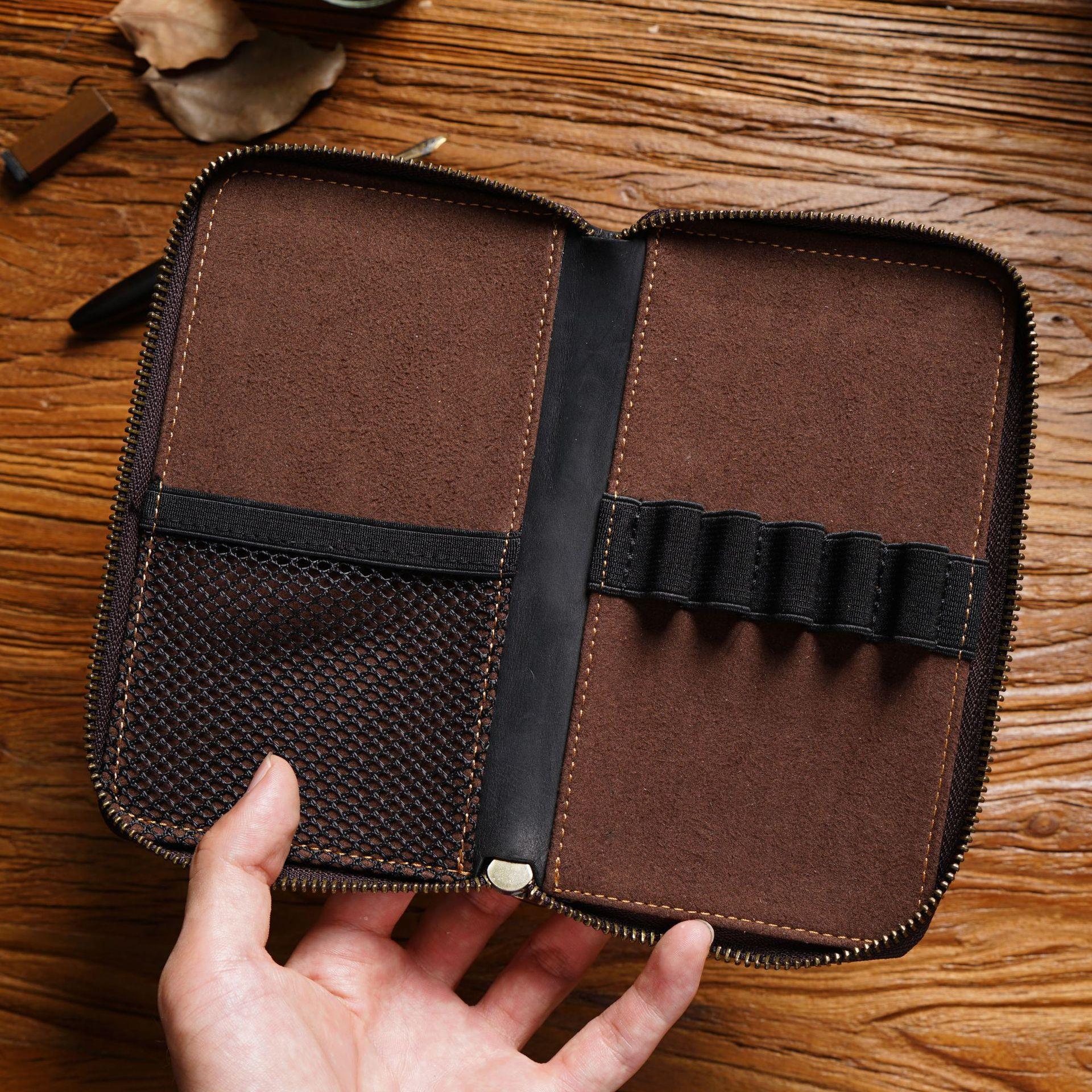 Black Genuine Crazy Horse Leather Fountain Pen Case Zippered Organiser Pouch with 5 Elastic Loops & Mesh Pocket Vintage Stationery Holder - Image 4