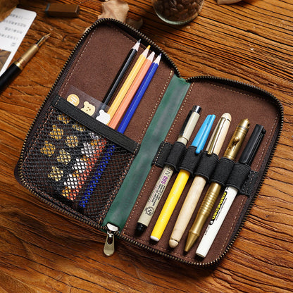 Coffee Genuine Crazy Horse Leather Fountain Pen Case Zippered Organiser Pouch with 5 Elastic Loops & Mesh Pocket Vintage Stationery Holder - Image 3