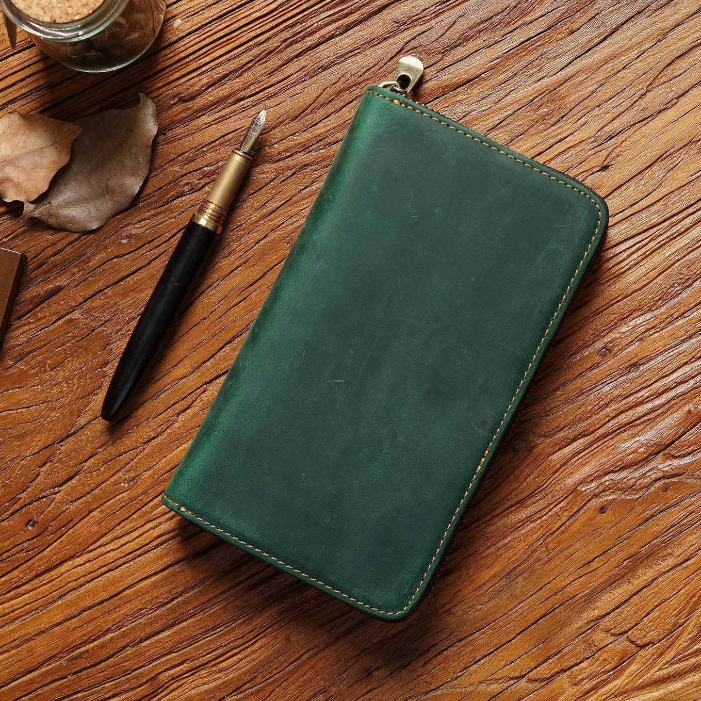 Green Genuine Crazy Horse Leather Fountain Pen Case Zippered Organiser Pouch with 5 Elastic Loops & Mesh Pocket Vintage Stationery Holder
