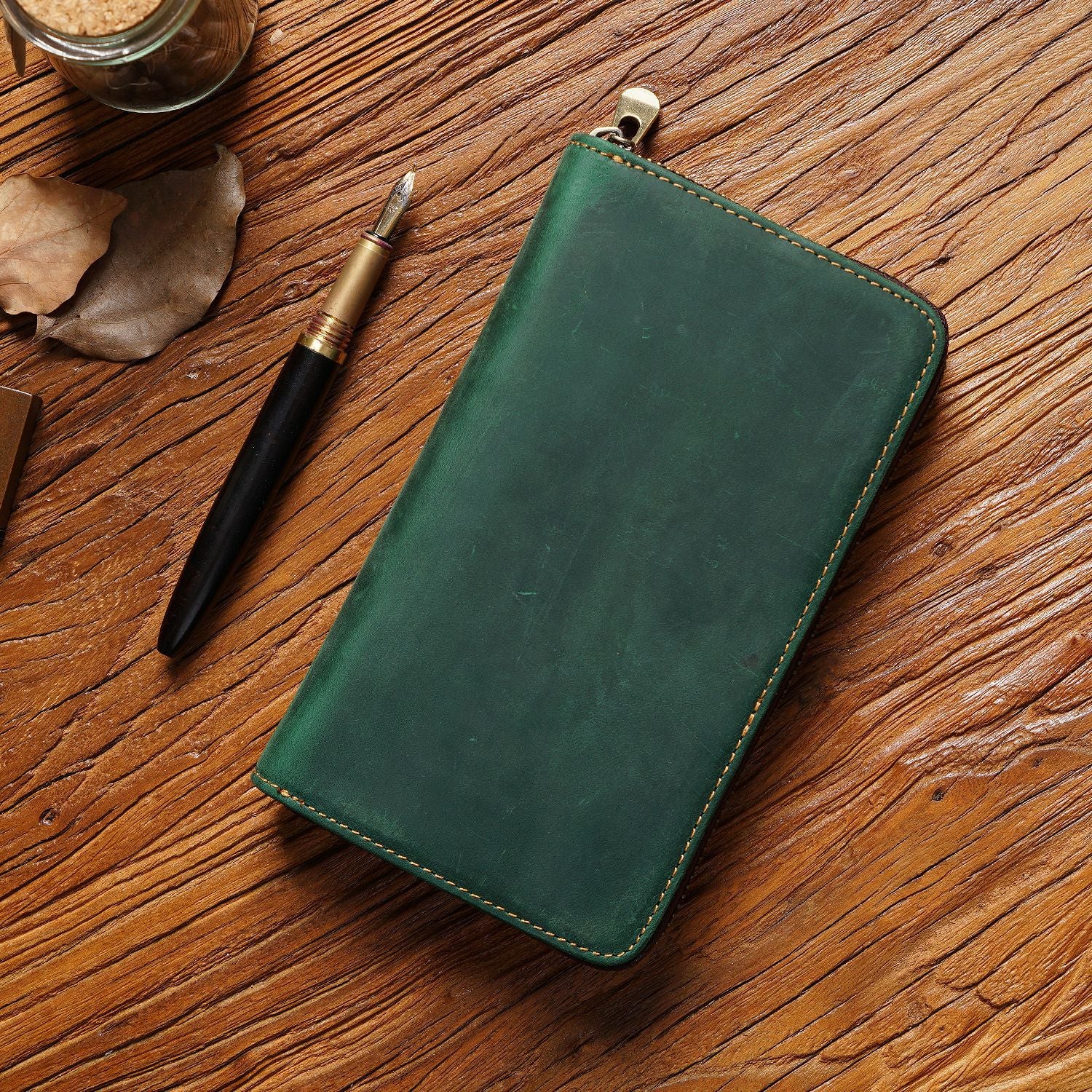 Green Genuine Crazy Horse Leather Fountain Pen Case Zippered Organiser Pouch with 5 Elastic Loops & Mesh Pocket Vintage Stationery Holder