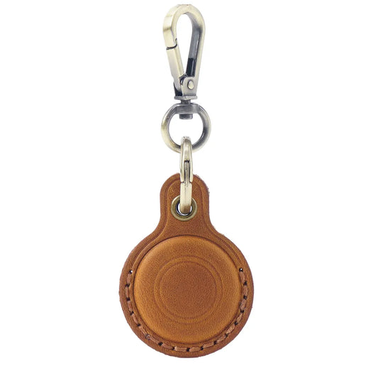Brown Genuine Crazy Horse Leather Case for Apple AirTag Protective Tracker Holder Keychain with Metal Clip Anti-Lost Fob for Keys Pets Luggage