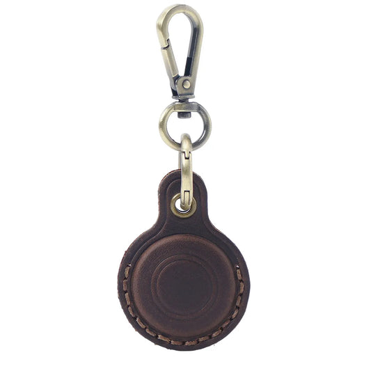 Coffee Genuine Crazy Horse Leather Case for Apple AirTag Protective Tracker Holder Keychain with Metal Clip Anti-Lost Fob for Keys Pets Luggage