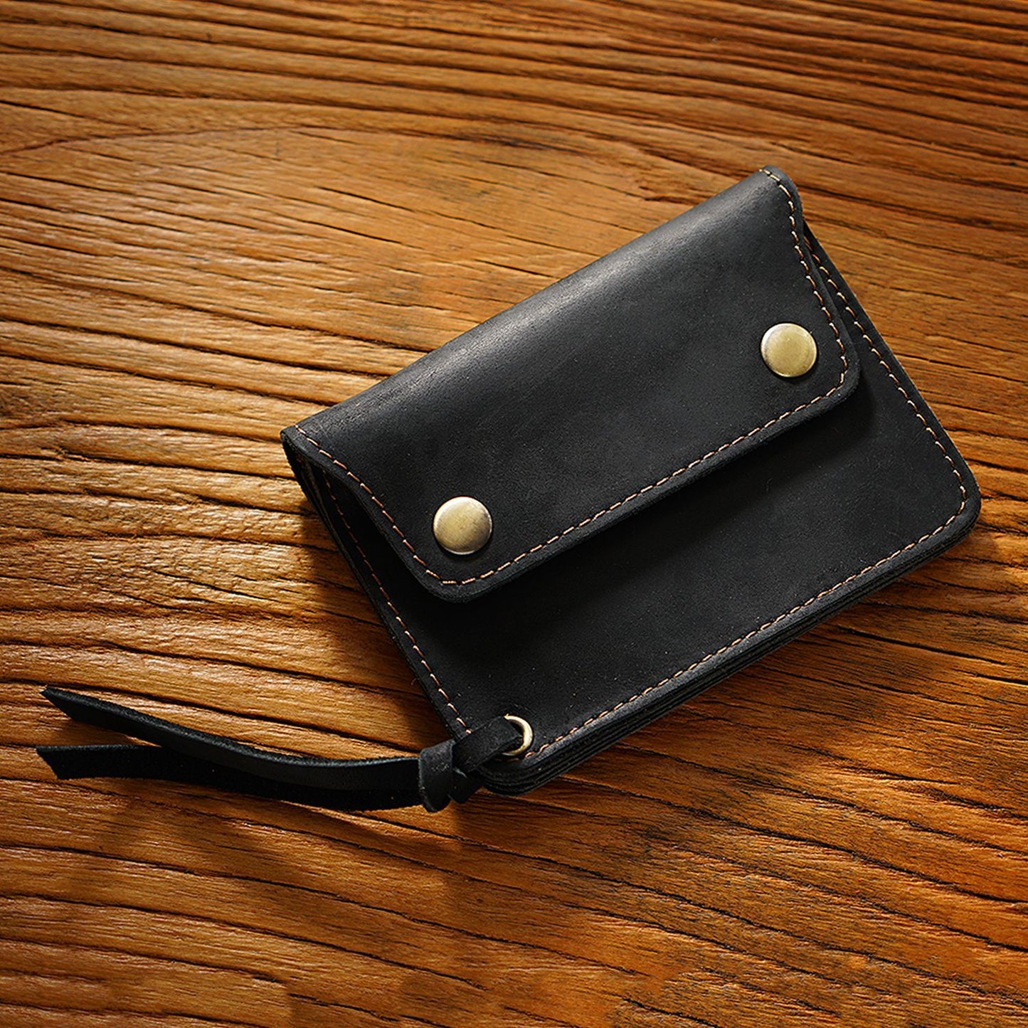 Black Handmade Crazy Horse Leather Wallet Vintage Coin Purse Zipper Card Holder with Strap Snap Closure Top Layer Cowhide 12cm