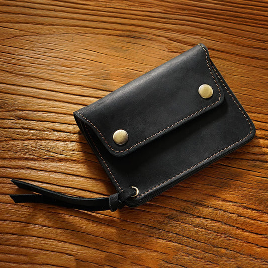 Black Handmade Crazy Horse Leather Wallet Vintage Coin Purse Zipper Card Holder with Strap Snap Closure Top Layer Cowhide 12cm