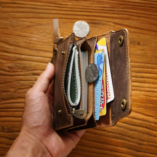 Coffee Handmade Crazy Horse Leather Wallet Vintage Coin Purse Zipper Card Holder with Strap Snap Closure Top Layer Cowhide 12cm - Image 3