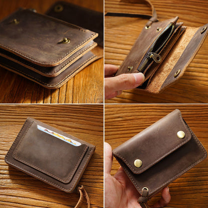 Coffee Handmade Crazy Horse Leather Wallet Vintage Coin Purse Zipper Card Holder with Strap Snap Closure Top Layer Cowhide 12cm - Image 4