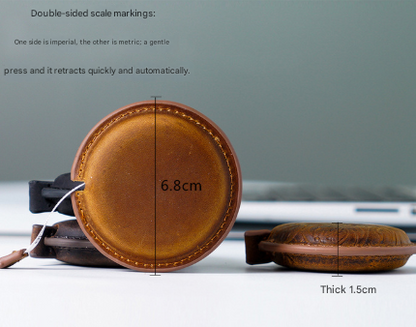 Coffee Handmade Crazy Horse Leather Retractable Tape Measure Keychain Dual Sided Scale 150cm/60" Mini Pocket Ruler for Sewing & Body Measuring - Image 2