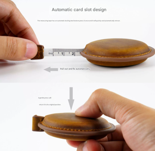 Coffee Handmade Crazy Horse Leather Retractable Tape Measure Keychain Dual Sided Scale 150cm/60" Mini Pocket Ruler for Sewing & Body Measuring - Image 3