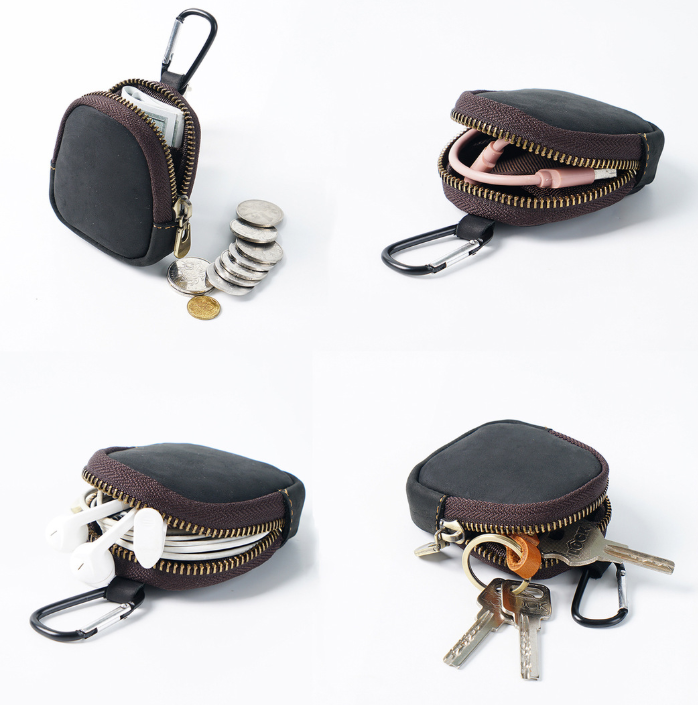 Green Genuine Crazy Horse Leather Mini Coin Purse Zipper Shell Pouch Small Earphone Case Key Holder with Carabiner Clip 8.5cm for Travel - Image 3