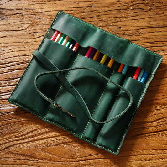 Green Genuine Crazy Horse Leather Pencil Roll Case Vintage Pen Wrap Stationery Organiser Pouch with Strap & Charm 4 Slots for Artists - Image 3