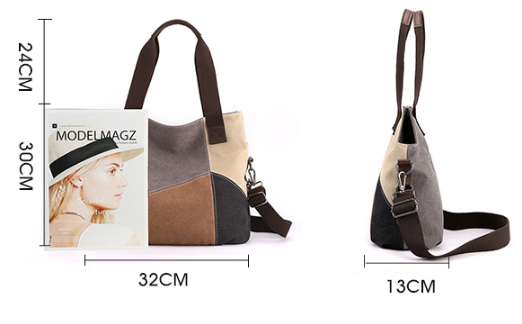 Grey Vintage Patchwork Canvas Tote Bag Large Capacity Multi-Pocket Women's Shoulder Handbag for Office Travel and Daily Use - Image 2
