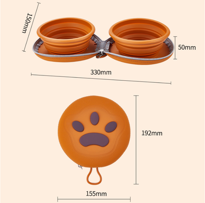 Pink Portable Collapsible Double Pet Bowls for Dogs and Cats - 2x 450ml Food Grade Silicone Travel Feeder with Zippered Paw Carrying Case - Lightweight Outdoor Water and Food Bowl Set - Image 2