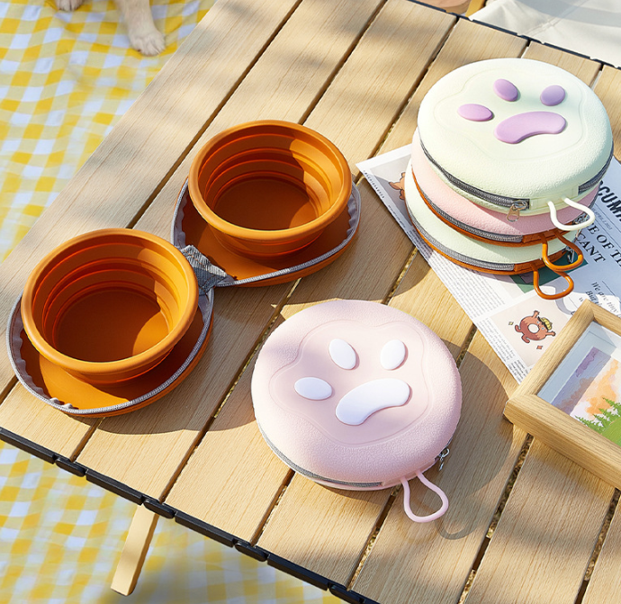 Pink Portable Collapsible Double Pet Bowls for Dogs and Cats - 2x 450ml Food Grade Silicone Travel Feeder with Zippered Paw Carrying Case - Lightweight Outdoor Water and Food Bowl Set - Image 3