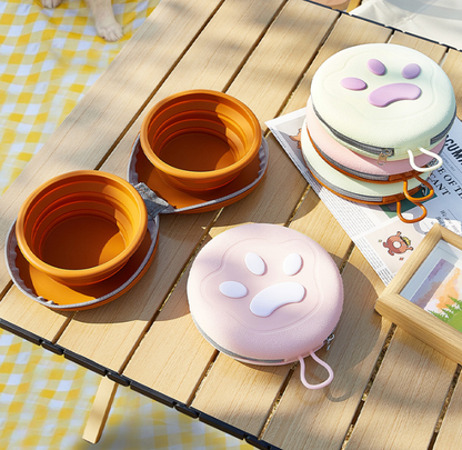 Pink Portable Collapsible Double Pet Bowls for Dogs and Cats - 2x 450ml Food Grade Silicone Travel Feeder with Zippered Paw Carrying Case - Lightweight Outdoor Water and Food Bowl Set - Image 3