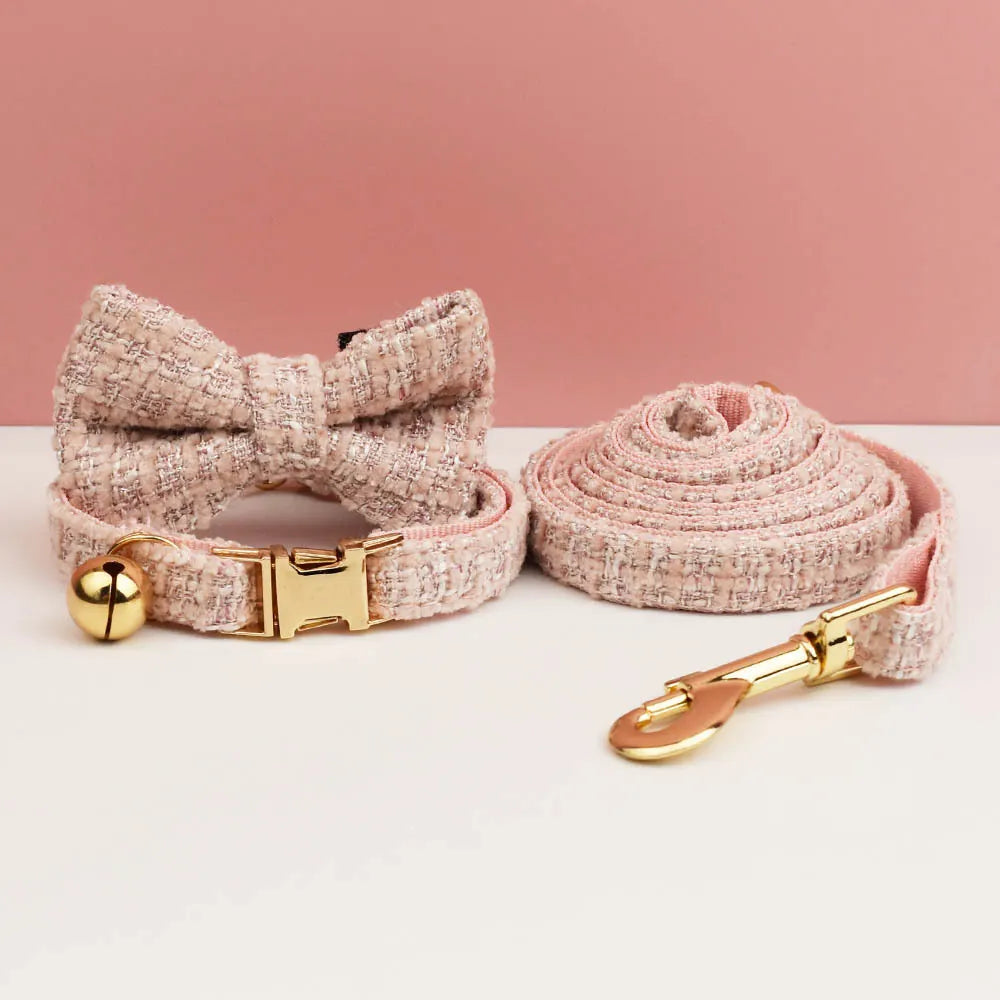 S Pink Elegant Tweed Pet Collar and Leash Set - Adjustable Cat and Small Dog Collar with Removable Bow Tie and Gold Bell